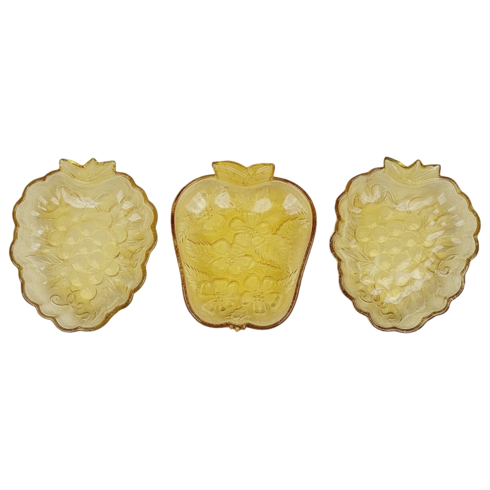 Vintage Hazel Atlas Amber Pressed Glass Apple & Grape Dish Set of 3